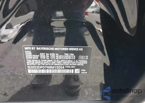 2022 BMW X3 xDrive30I из США, поврежденный, VIN 5UX53DP07N9M15554